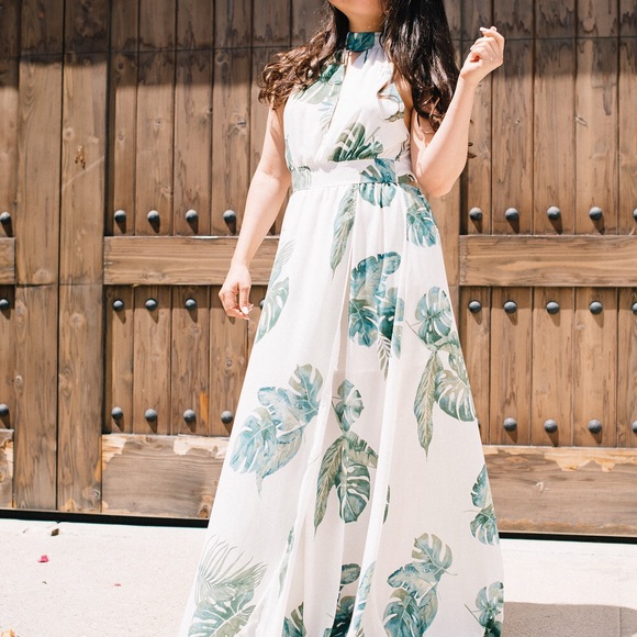 LAST One: White Monstera Palm  Printed Maxi Dress - Picture 4 of 5
